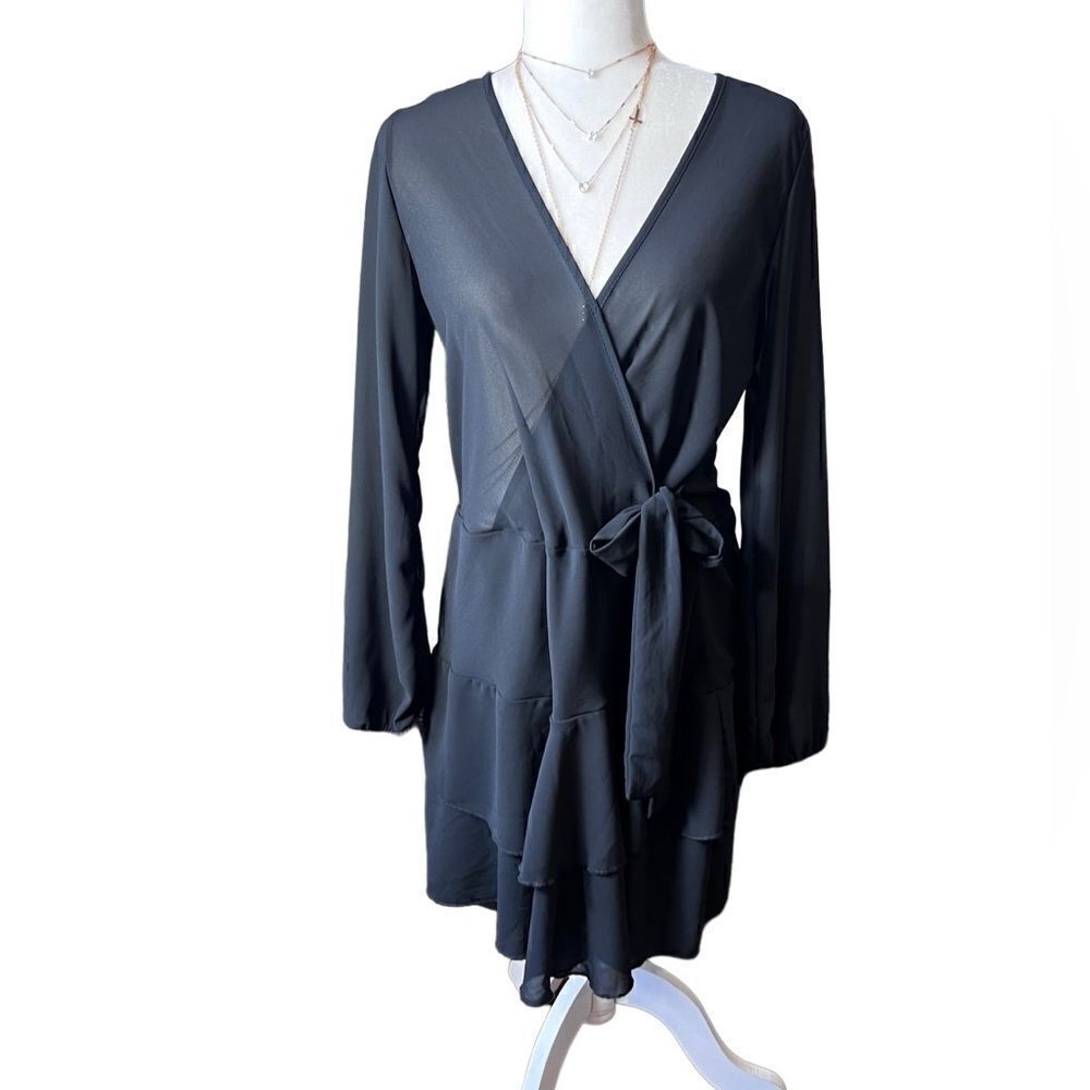 See you Monday tiered faux wrap dress semi sheer black size small